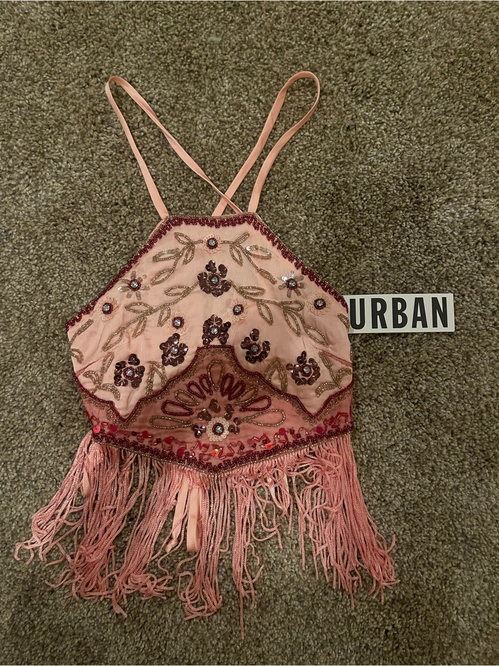 Urban Outfitters Blush Pink Beaded Fringe Halter Crop Top